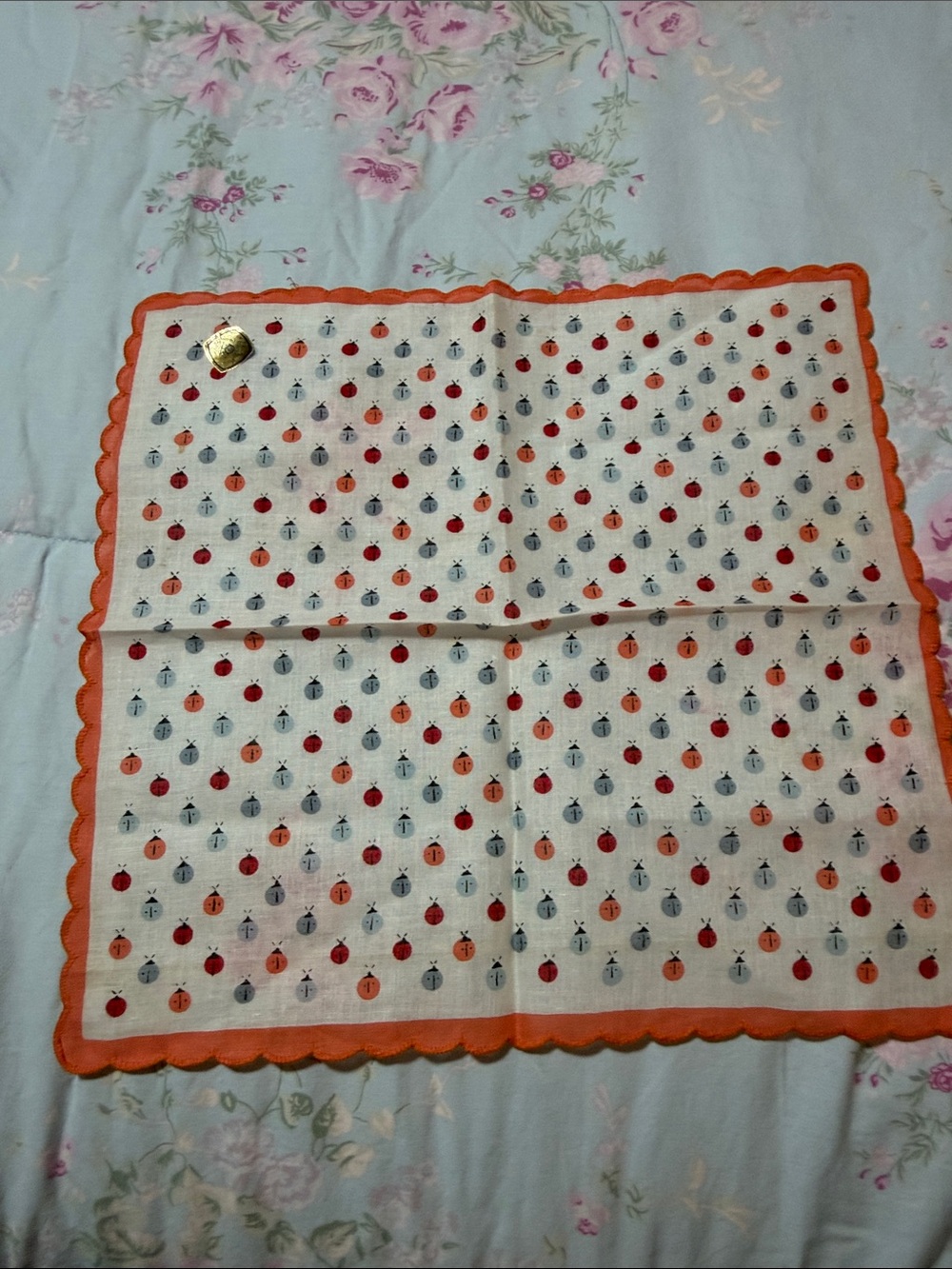 Orange red and  Blue ladybug Cotton Handkerchief